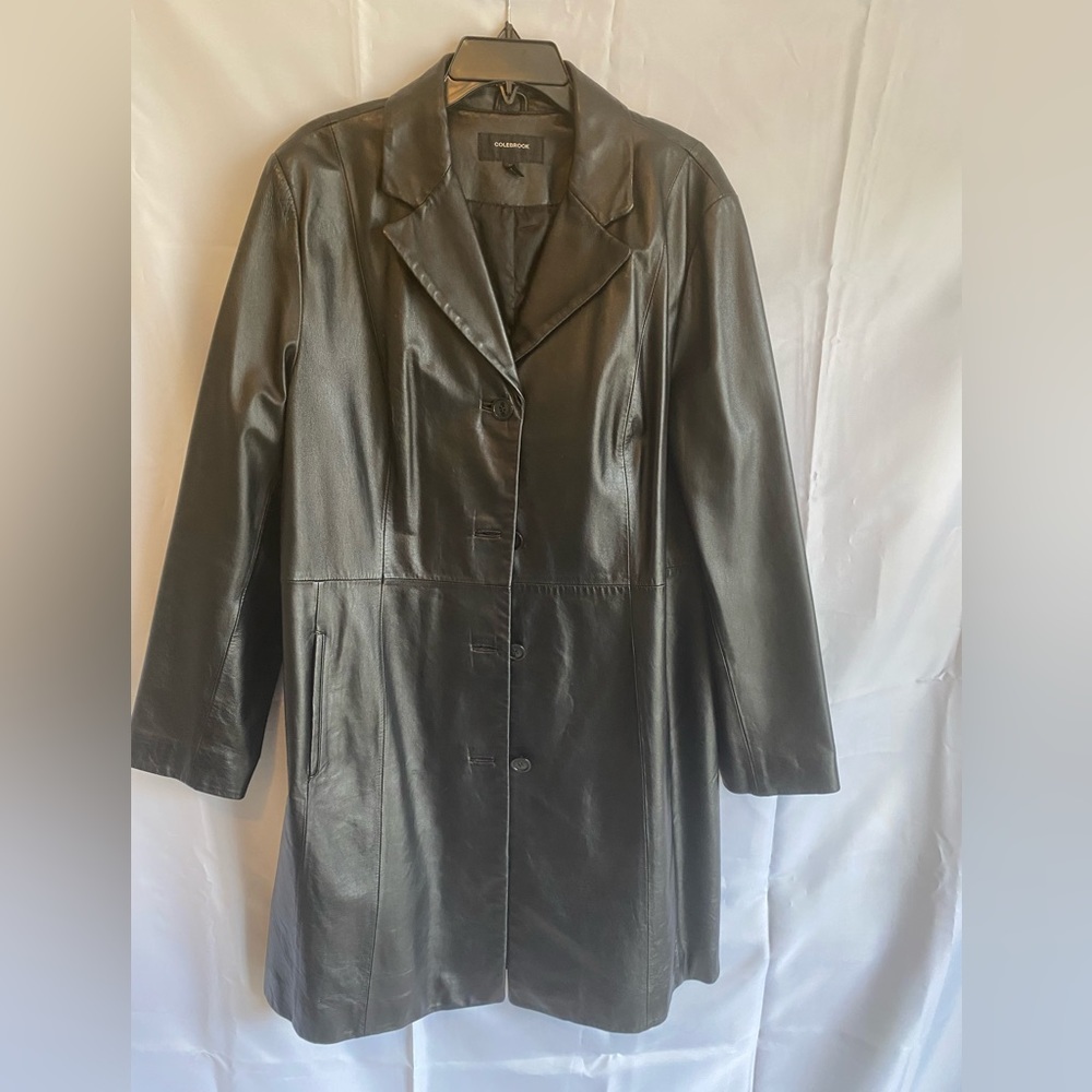 Woman Black Leather coat. Length hangs right at knee line.